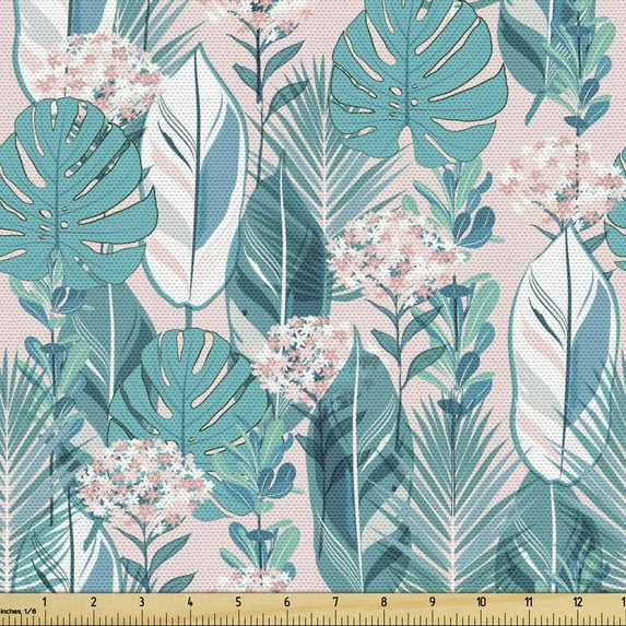 Ambesonne Exotic Fabric by the Yard Upholstery, Pastel Summer Jungle Leaves, 5 Yards, Blush Dark Seafoam