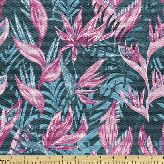 Ambesonne Exotic Fabric by the Yard Upholstery, Pink Hawaiian Blooms Aloha, 2 Yards, Pink and Petrol Blue