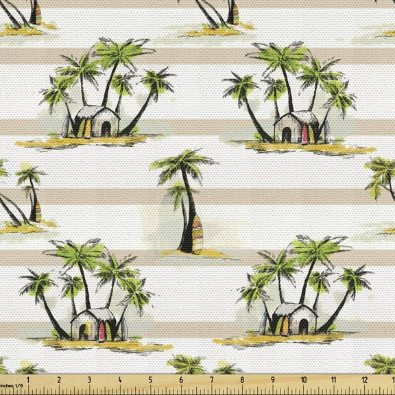 Ambesonne Exotic Fabric by the Yard Upholstery, Tropic Island House, 1 Yard, Multicolor
