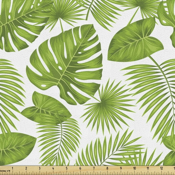 Ambesonne Exotic Fabric by the Yard Upholstery, Tropical Forest Leaves Art, 1 Yard, White and Fern Green