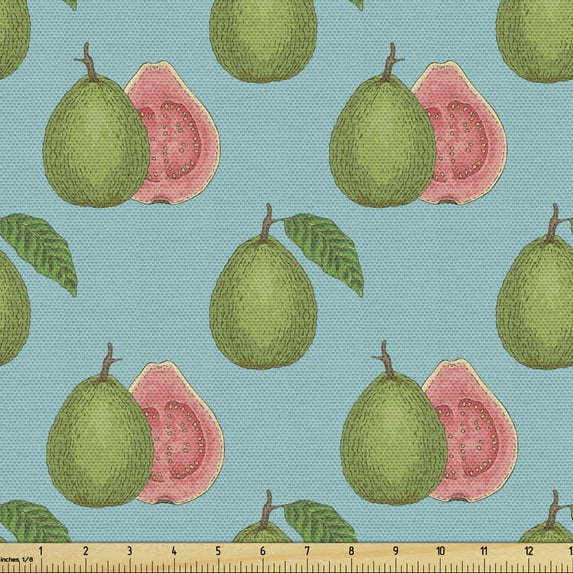 Ambesonne Exotic Fabric by the Yard Upholstery, Tropical Guava Fruit Motifs, 2 Yards, Seafoam Lime Green Coral