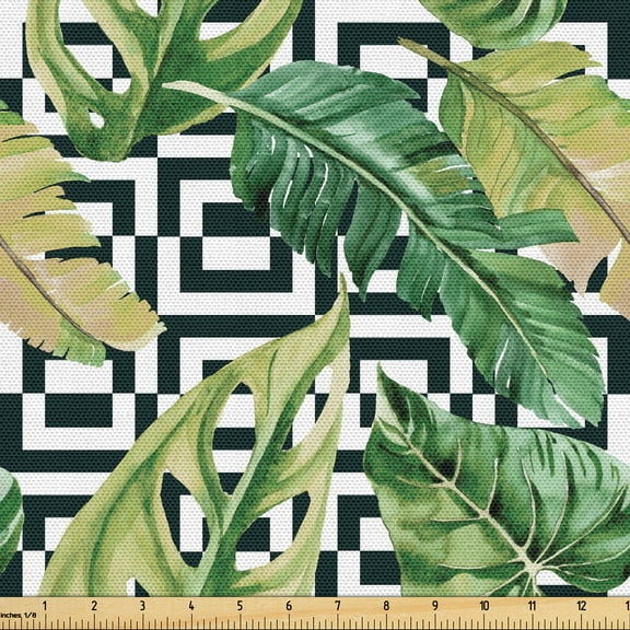 Ambesonne Exotic Fabric by the Yard Upholstery, Tropical Leaves Monochrome, 10 Yards, Black White and Fern Green