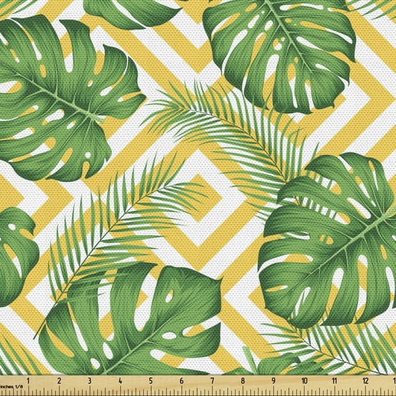 Ambesonne Exotic Fabric by the Yard Upholstery, Tropical Monstera, 1 Yard, Fern Green Mustard