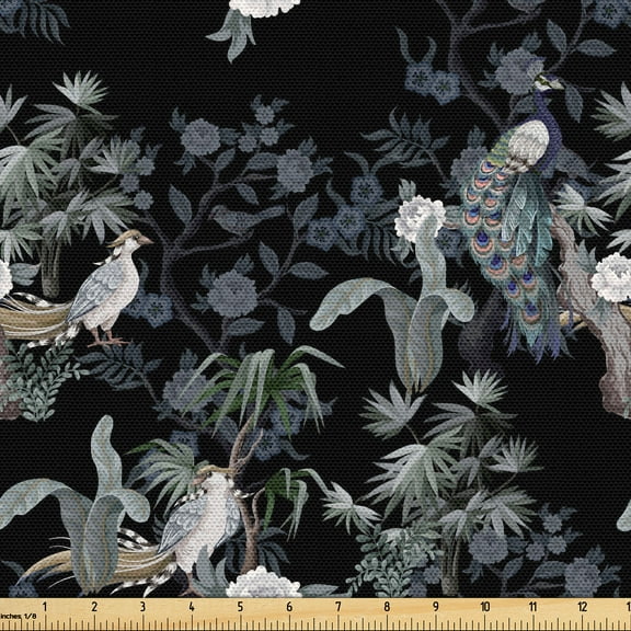 Ambesonne Exotic Fabric by the Yard Upholstery, Vintage Bohemian Leafy Bloom, 1 Yard, Charcoal Grey and Sage Green