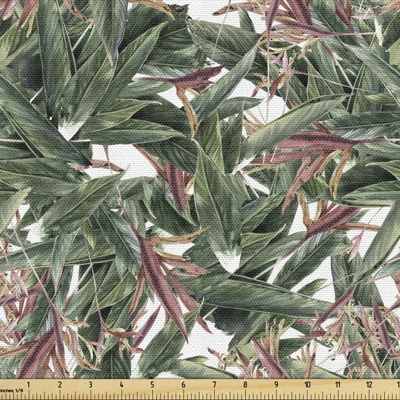 Ambesonne Exotic Fabric by the Yard, Watercolor Bird Strelitzia, 2 Yards, Olive Green Pale Rust