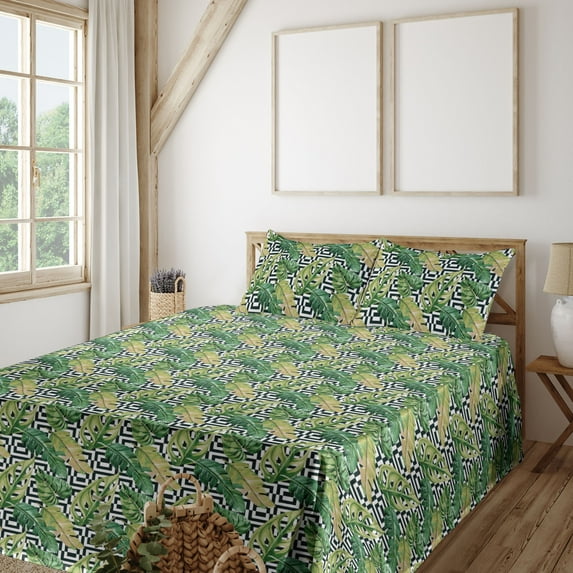 Ambesonne Exotic Fitted & Flat Sheet with Sham 3 Pcs Set, Tropical Leaves Monochrome, Twin, Black White and Fern Green