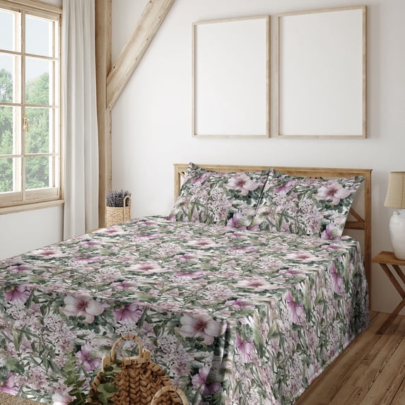 Ambesonne Exotic Fitted & Flat Sheet with Sham 3 Pcs Set, Vintage Hibiscus Floral Art, Twin XL, Olive Green and Pink