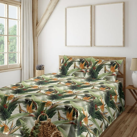 Ambesonne Exotic Fitted & Flat Sheet with Shams 4 Pcs Set, Bird Flowers Tropical Design, Full, Marigold Green Eggshell