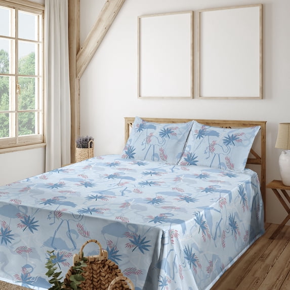 Ambesonne Exotic Fitted & Flat Sheet with Shams 4 Pcs Set, Summer Hawaiian Leaves Print, Calking, Pale Blue Ceil Blue Pink