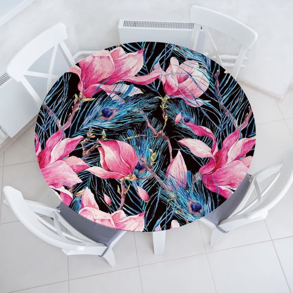 Ambesonne Exotic Fitted Round Tablecloth, Tropical Design Wild Flowers, 40"- 44" Diameter, Pink Violet Blue and Black