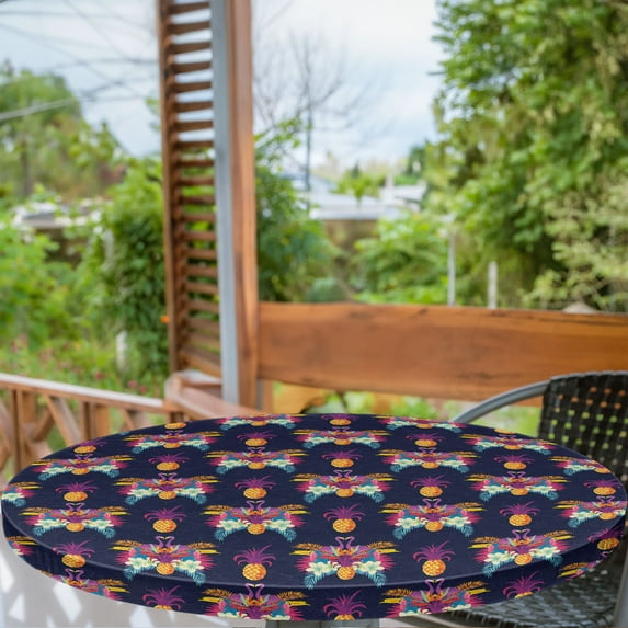 Ambesonne Exotic Fitted Round Tablecloth, Vivid Flowers Pineapples, 56"- 60" Diameter, Multicolor