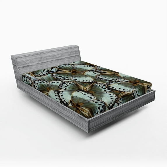 Ambesonne Exotic Fitted Sheet, Butterflies Jungle Queen, Queen Size, Almond Green Black