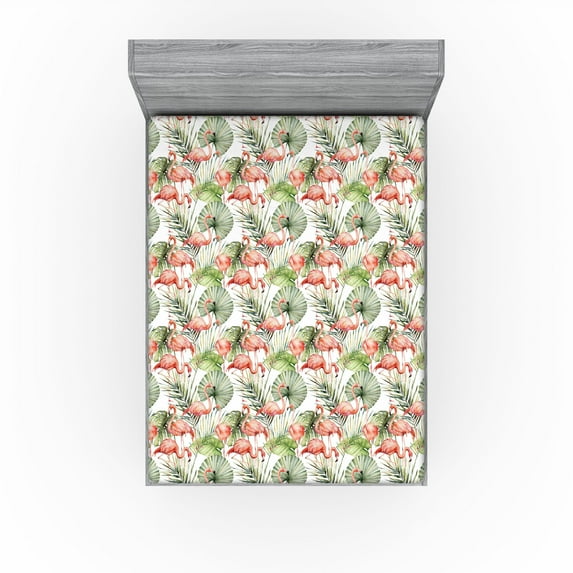 Ambesonne Exotic Fitted Sheet, Flamingo Birds Monstera Palm, King Size, Coral Olive Green White
