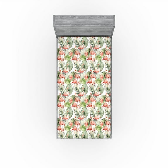 Ambesonne Exotic Fitted Sheet, Flamingo Birds Monstera Palm, Twin XL Size, Coral Olive Green White