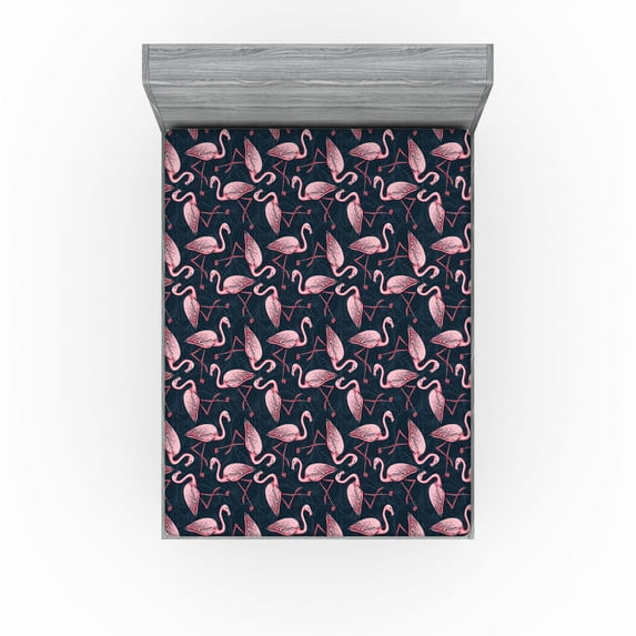 Ambesonne Exotic Fitted Sheet, Flamingo Tropical Atmophere, Queen Size, Pale Pink Dark Sky Blue