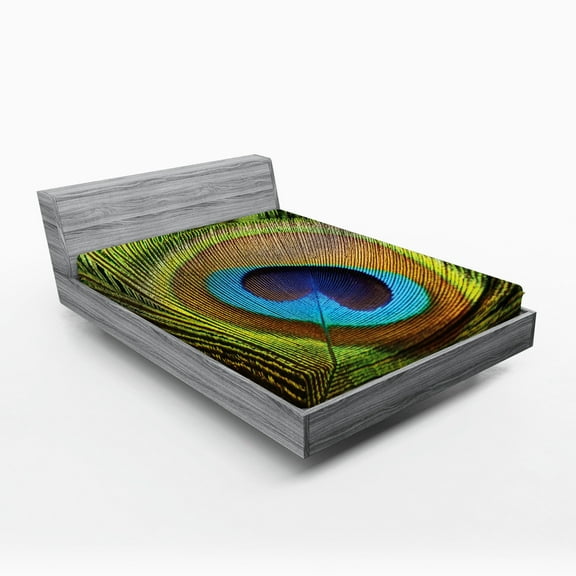 Ambesonne Exotic Fitted Sheet, Green Peacock Feathers, Full Size, Green Teal Mustard