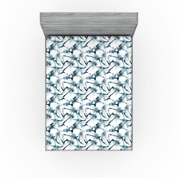 Ambesonne Exotic Fitted Sheet, Grungy Tropical Leaf Pattern, Full Size, Ivory and Slate Blue