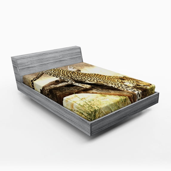 Ambesonne Exotic Fitted Sheet, Leopard Wild Cat on Tree, Queen Size, Yellow Green Brown