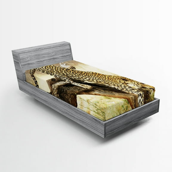Ambesonne Exotic Fitted Sheet, Leopard Wild Cat on Tree, Twin XL Size, Yellow Green Brown