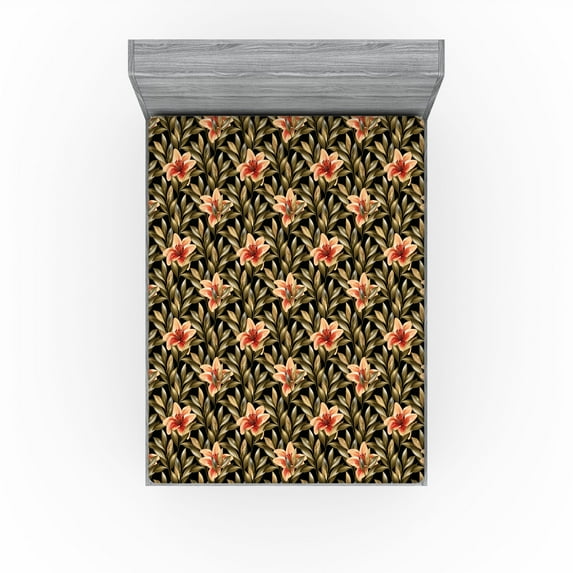 Ambesonne Exotic Fitted Sheet, Lilium Flowers Tropical Art, Full Size, Pale Salmon Army Green