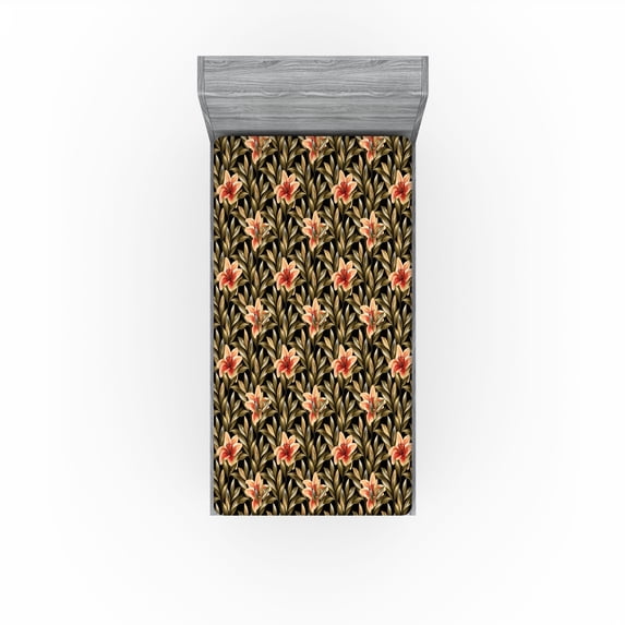 Ambesonne Exotic Fitted Sheet, Lilium Flowers Tropical Art, Twin XL Size, Pale Salmon Army Green