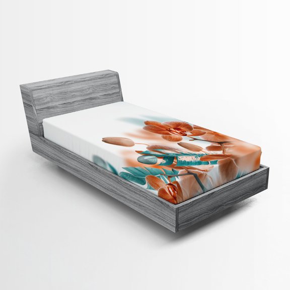 Ambesonne Exotic Fitted Sheet, Orchids Blossoms Floral, Twin XL Size, Orange and Teal