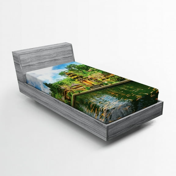 Ambesonne Exotic Fitted Sheet, Oriental Fish Lake Sea, Twin Size, Yellow Green