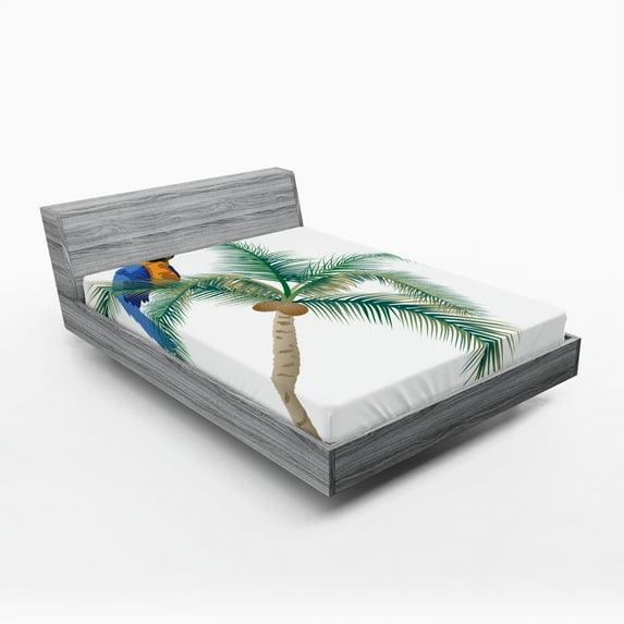 Ambesonne Exotic Fitted Sheet, Parrot Coconut Palms, Full Size, White Brown Green