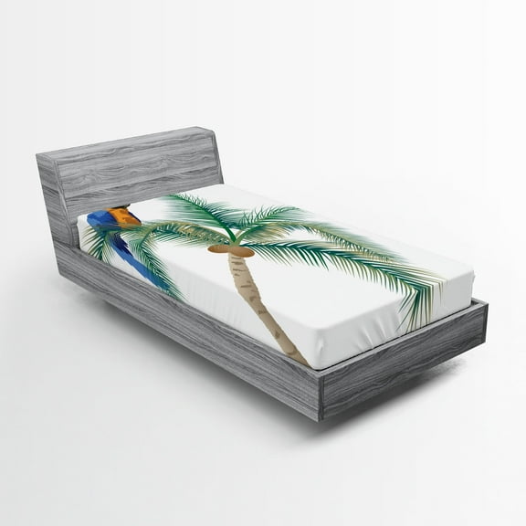 Ambesonne Exotic Fitted Sheet, Parrot Coconut Palms, Twin XL Size, White Brown Green