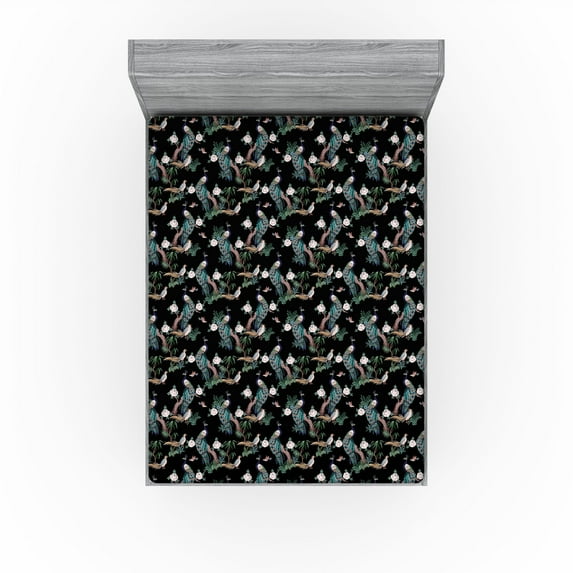 Ambesonne Exotic Fitted Sheet, Peacock Bird Bohemian Art, Queen Size, Black Coral and Teal