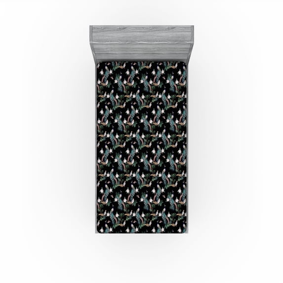 Ambesonne Exotic Fitted Sheet, Peacock Bird Bohemian Art, Twin XL Size, Black Coral and Teal