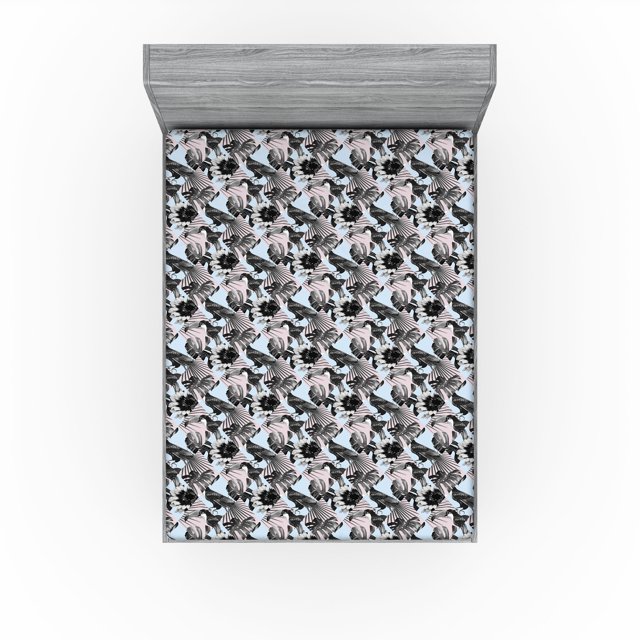Ambesonne Exotic Fitted Sheet, Toucan Bird Print Monstera, Queen Size, Soft Blue Pale Grey Rose