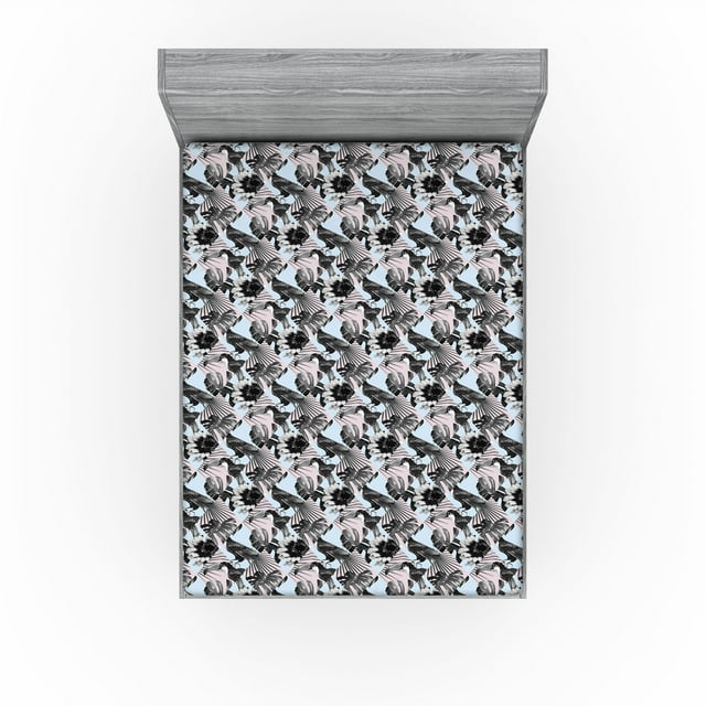 Ambesonne Exotic Fitted Sheet, Toucan Bird Print Monstera, Queen Size, Soft Blue Pale Grey Rose