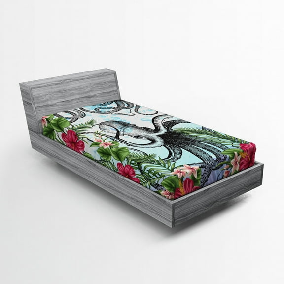 Ambesonne Exotic Fitted Sheet, Tropic Hibiscus and Octopus, Twin Size, Multicolor