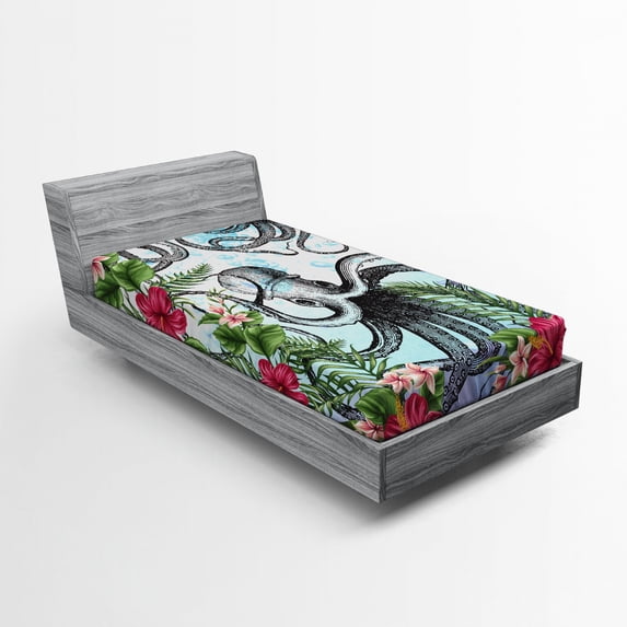 Ambesonne Exotic Fitted Sheet, Tropic Hibiscus and Octopus, Twin Size, Multicolor