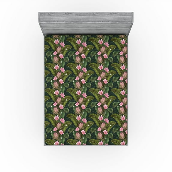 Ambesonne Exotic Fitted Sheet, Tropical Jungle Art Flowers, King Size, Soft Pink and Reseda Green