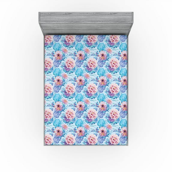 Ambesonne Exotic Fitted Sheet, Tropical Leaves and Roses, King Size, Soft Blue Pale Lilac and Pink