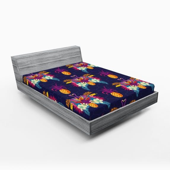 Ambesonne Exotic Fitted Sheet, Vivid Flowers Pineapples, Full Size, Multicolor