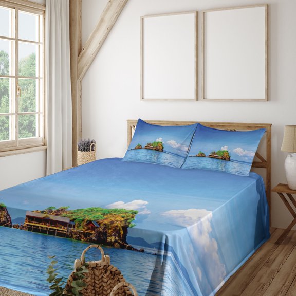 Ambesonne Exotic Fitted & Top Sheet Set with Shams, Idyllic Tropic Islands, Blue White