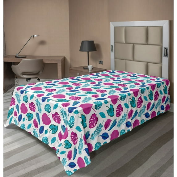 Ambesonne Exotic Flat Sheet, Abstract Tropical Foliage, TwinXL Size, Sea Blue Magenta
