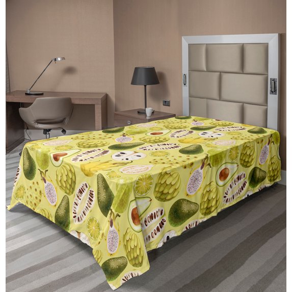 Ambesonne Exotic Flat Sheet, Avocados Dragon Fruit Guava, TwinXL Size, Pastel Yellow Olive Green