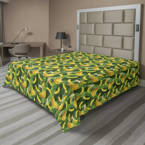 Ambesonne Exotic Flat Sheet, Banana Fruit Palm Leaves, Queen Size, Earth Yellow Fern Green