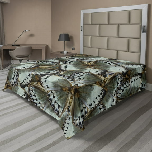 Ambesonne Exotic Flat Sheet, Butterflies Jungle Queen, Queen Size, Almond Green Black