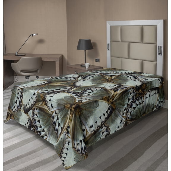 Ambesonne Exotic Flat Sheet, Butterflies Jungle Queen, Twin Size, Almond Green Black