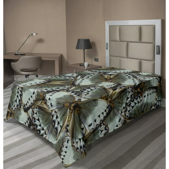 Ambesonne Exotic Flat Sheet, Butterflies Jungle Queen, TwinXL Size, Almond Green Black