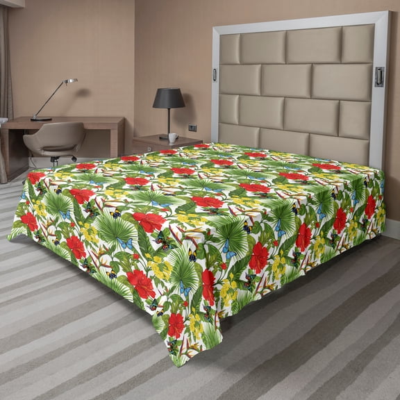 Ambesonne Exotic Flat Sheet, Cheerful Hibiscus Butterfly, California King, Olive Green Multicolor