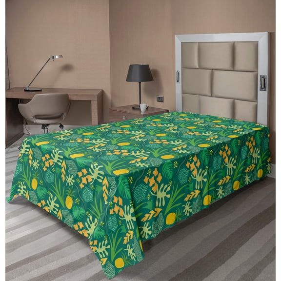 Ambesonne Exotic Flat Sheet, Doodle Pineapples and Leaves, TwinXL Size, Green and Multicolor