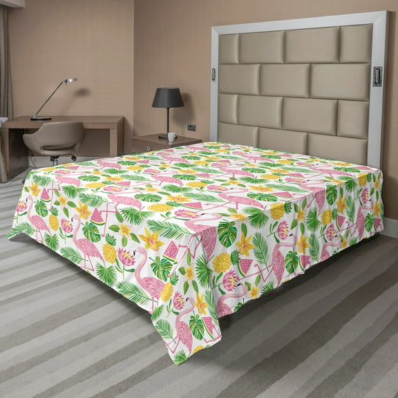 Ambesonne Exotic Flat Sheet, Flamingos and Fruits Pattern, King Size, Pink Green Mustard