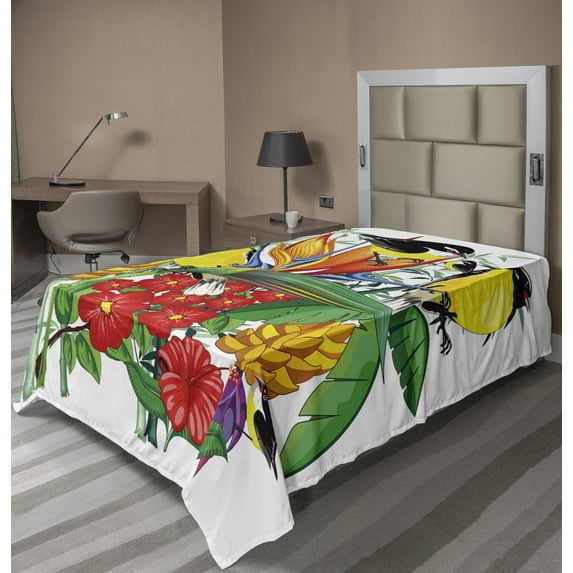 Ambesonne Exotic Flat Sheet, Flowers and Birds Layout, Twin Size, Multicolor