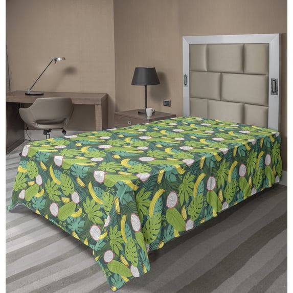 Ambesonne Exotic Flat Sheet, Hawaiian Leaves and Fruits, TwinXL Size, Grey Teal Multicolor